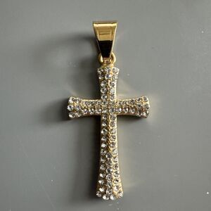 Cubic Zirconia Stainless Steel Cross Pendant Studded 24 Inch Necklace Gold Plate